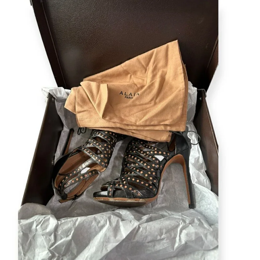 Alaïa Black Leather Caged High Heel Sandal with Ankle Strap, Size‎ 36 EU, in Box